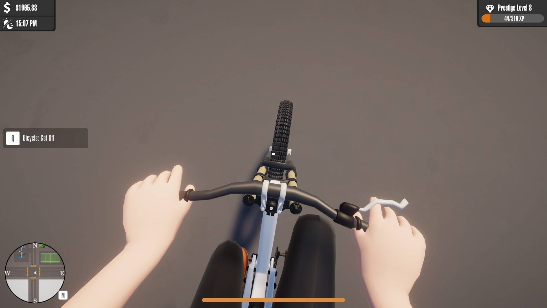 First-person on the delivery bike, hands on the bars.