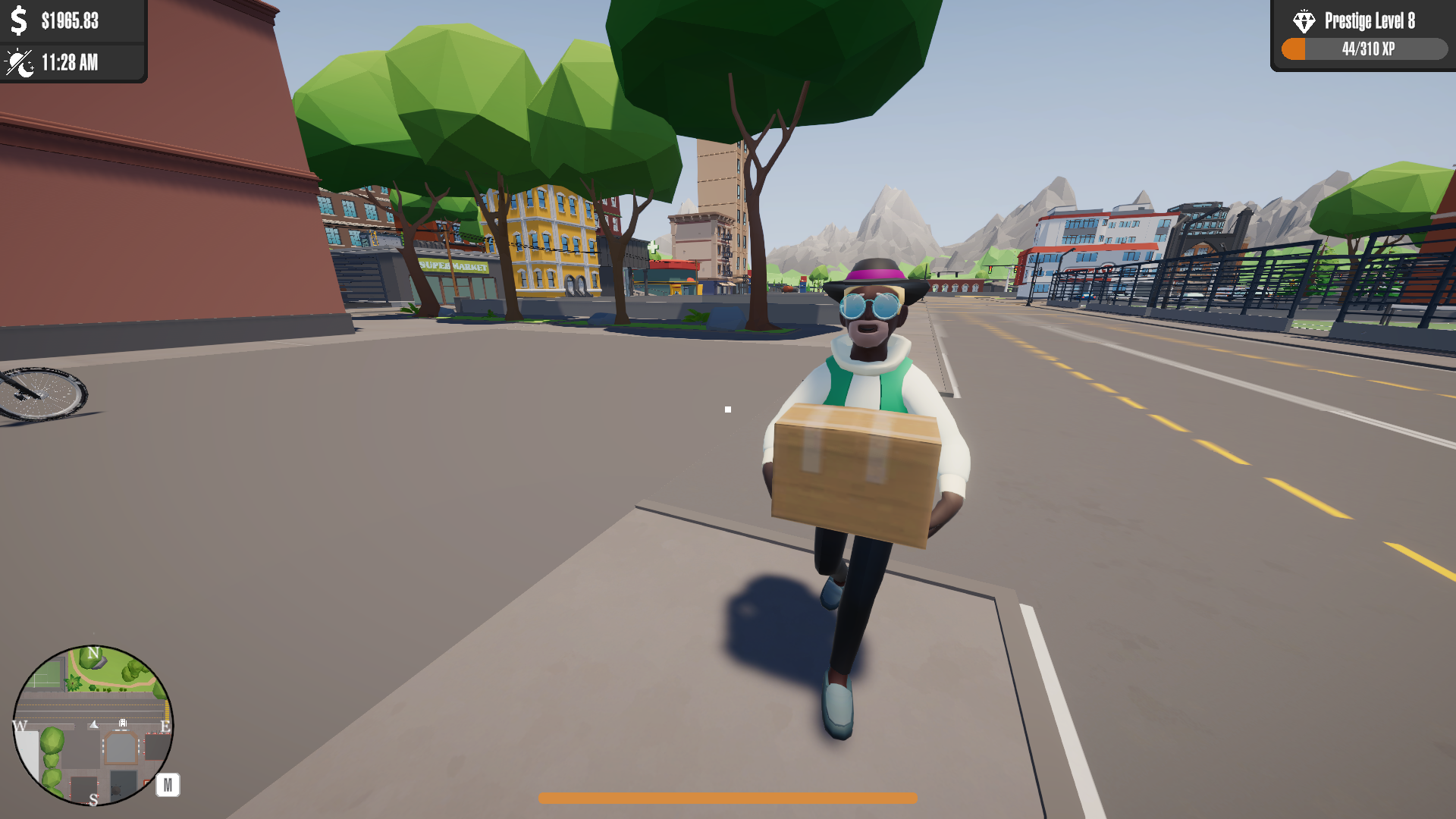 A character carries a package on foot down a tree-lined street, the city behind them.