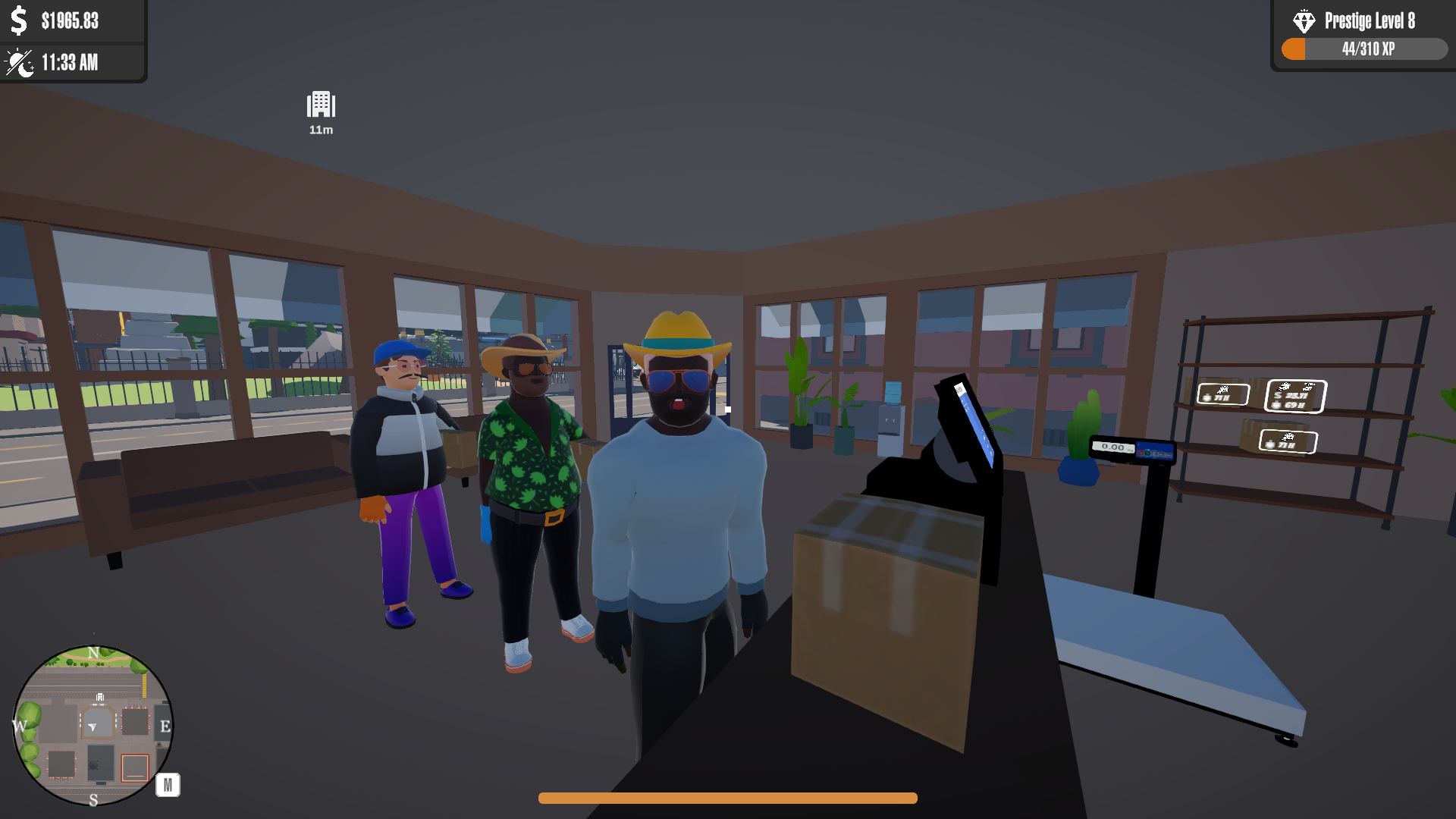 Customers queue at the parcel office, packages stacked on the shelves behind the desk.