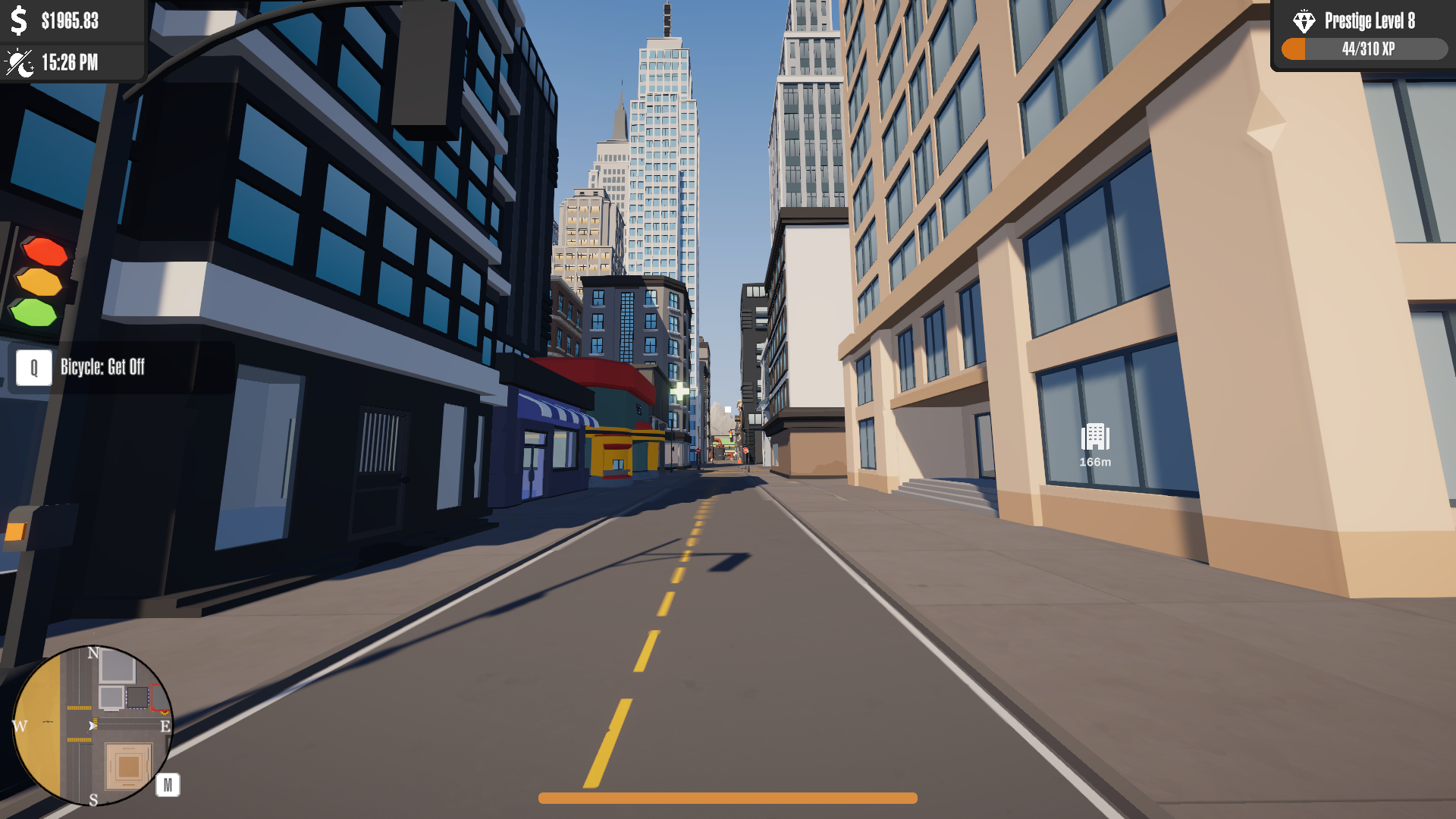 A downtown avenue walled by high-rises, the next drop 166 meters ahead.