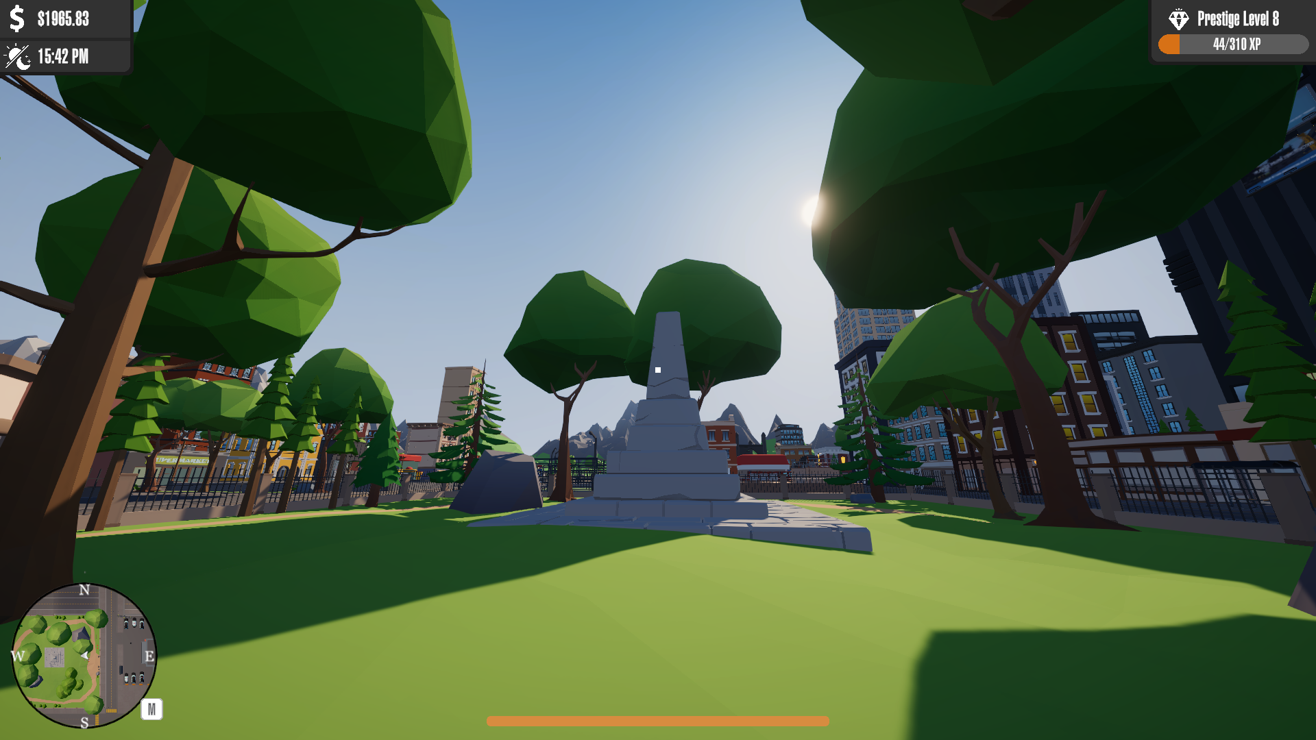 A quiet park square around a stone monument, ringed by city blocks.