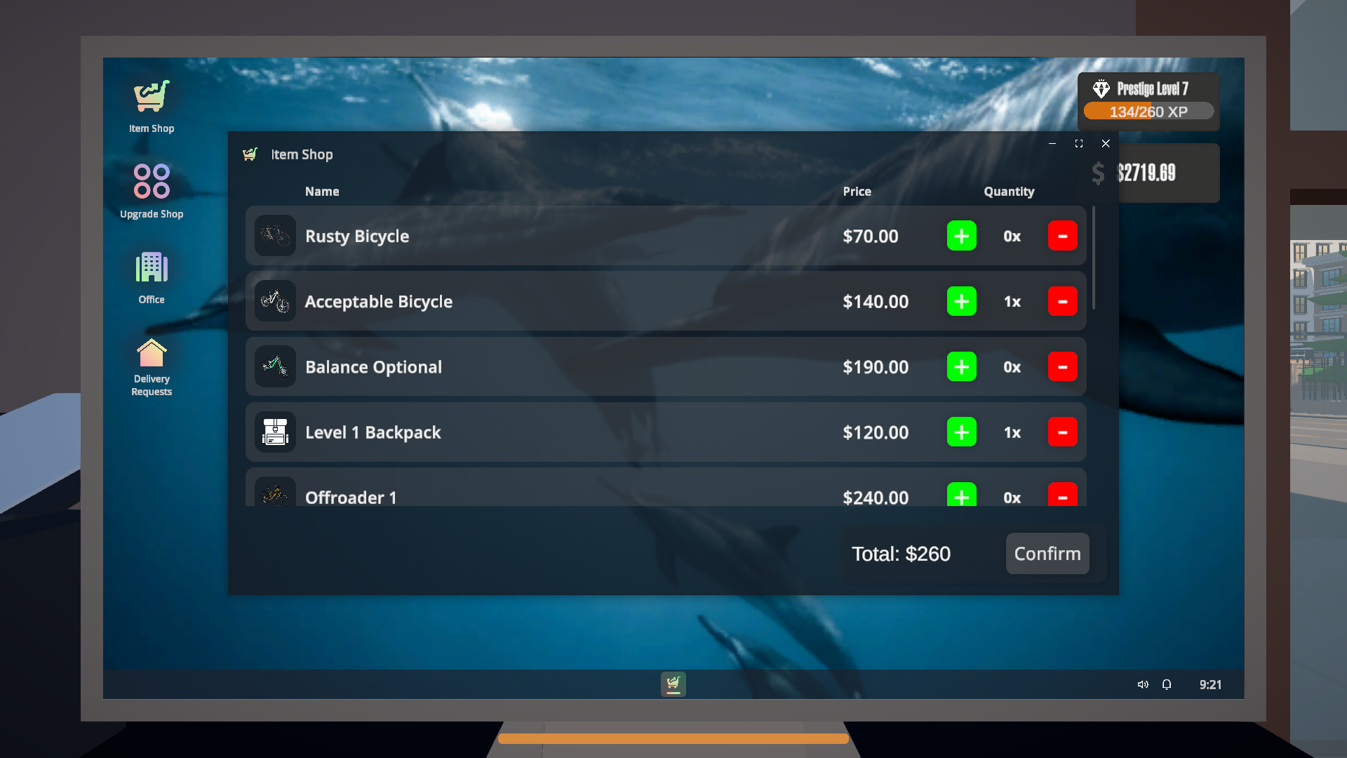 The office PC's item shop: bikes, backpacks, and gear bought with delivery earnings.