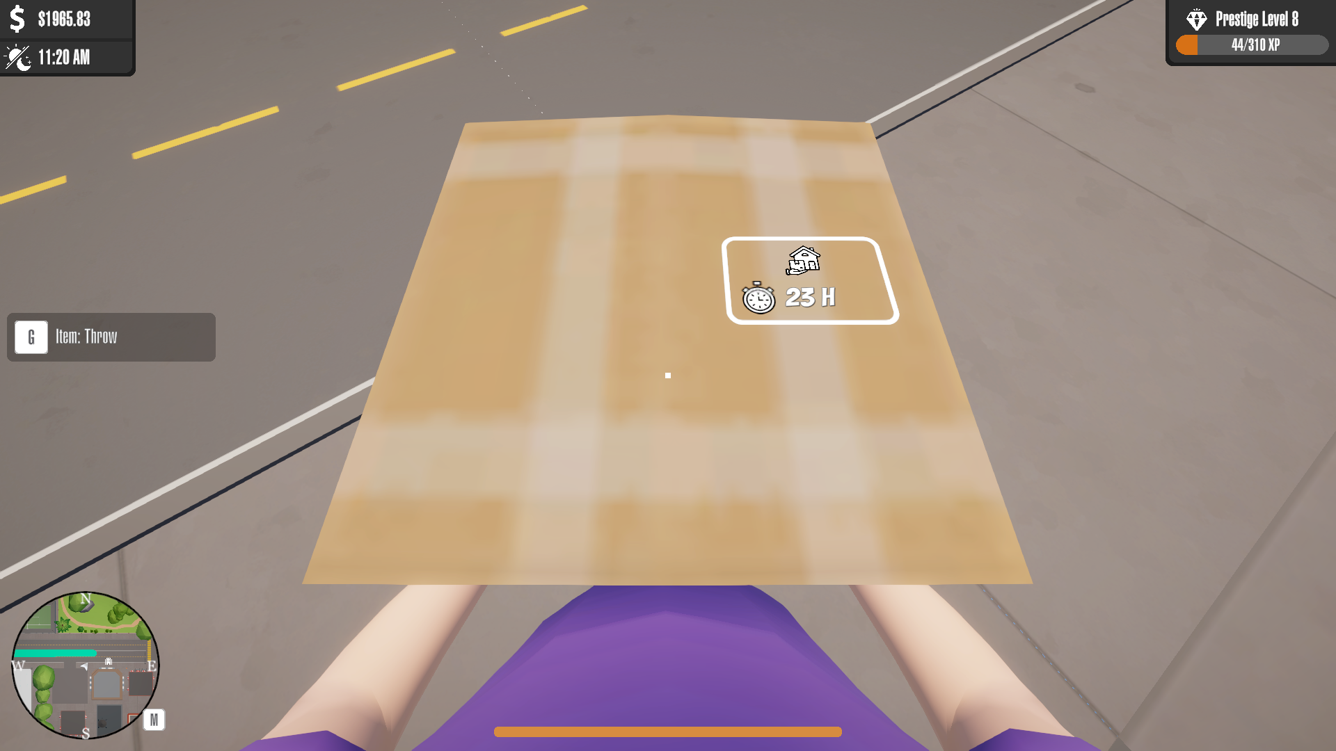 First-person, carrying a large box with the delivery countdown running overhead.