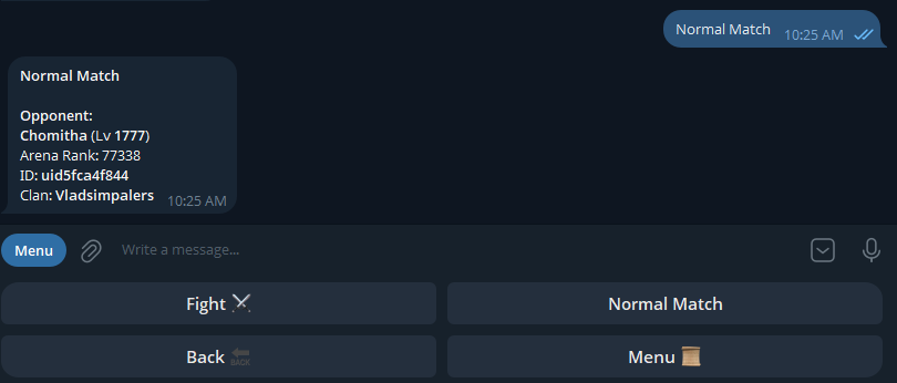 Idle Town: Arena match found, opponent and clan shown