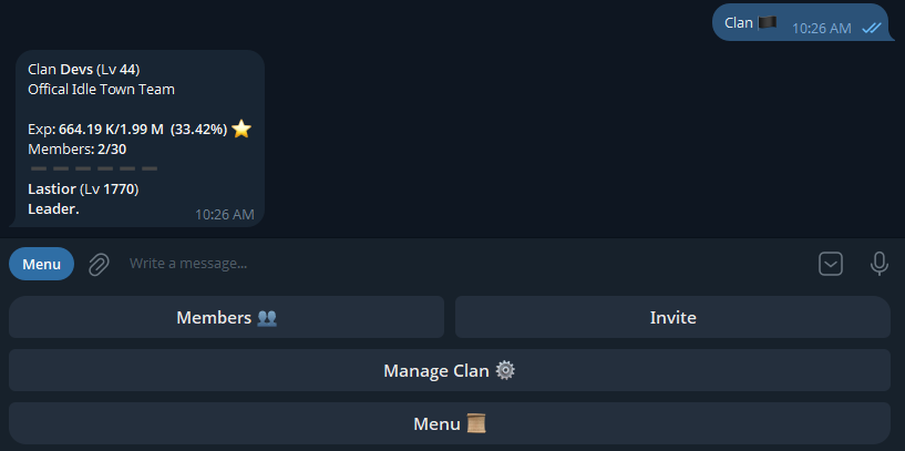 Idle Town: Clan overview — level, members, leader